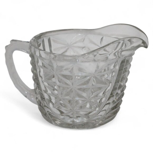 Vintage Pressed Glass Creamer With Starburst Pattern & Ribbed Handle - Picture 2 of 5